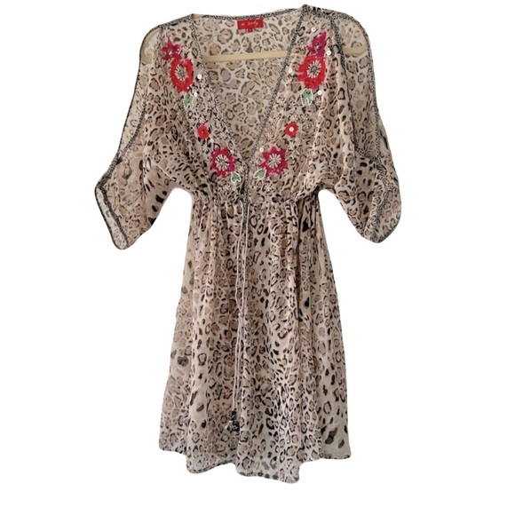 DEHRY PARIS sheer boho cheetah embellished dress coverup M - Picture 3 of 12